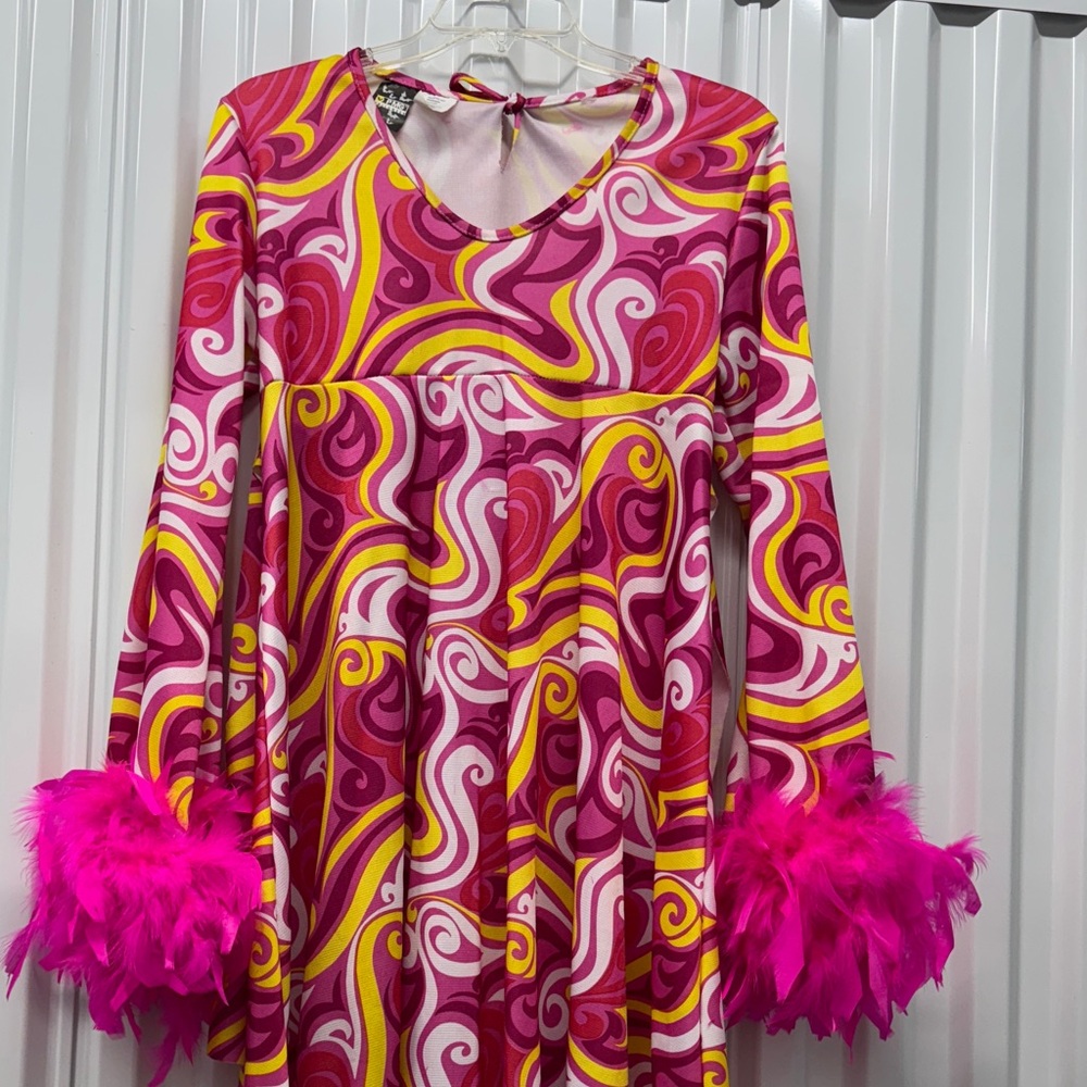 Colorful Swirl adult Go Go Dress w/ Feather Cuffs